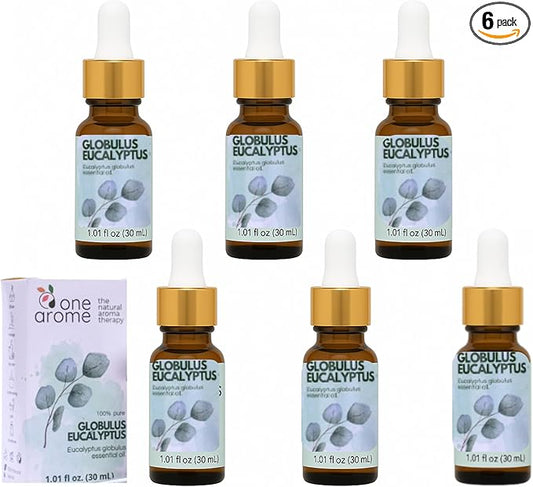 Eucalyptus Globulus Essential Oil by One Arome – Pure, Undiluted & Steam-Distilled Herbal Aroma for Diffusers for Home, Massage (Dilute), Cleaning & Linen Refresh(Pack of 6 × 1.0 fl oz Each)
