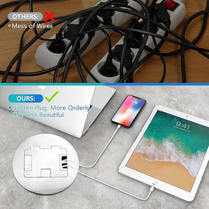 KYHSHJ Recessed Circular Floor Socket Kit with 2 * 20A Receptacle，4.8A*2 USB-A Ports ，Corrosive Resistant Hardware,Silver