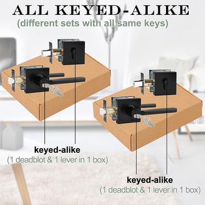 Keyed Alike(All Same Keys) Keyed Entry Door Lever with Single Cylinder Deadbolt Combo, Front Door/Exterior Door Handleset, Matte Black, 2 Set