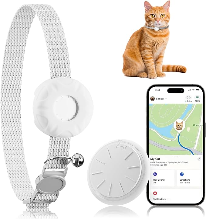 Cat GPS Tracker, Waterproof Pet Tracker for Cats, Cat GPS Tracker Collar with Safety Elastic Buckle, Works with Any Collar,Compatible with Apple Find My App (Only iOS), No Monthly Fee, White