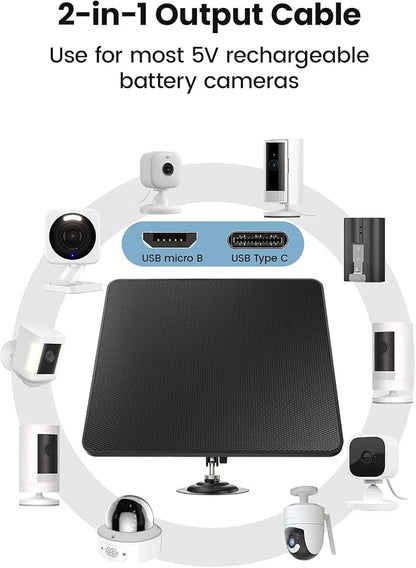 KJK 6W Solar Panels for Security Camera, Solar Battery Charger with Micro USB & USB-C Port for DC 5V Outdoor Rechargeable for Ring Camera, IP66 Waterproof, 360° Adjustable Security Mount