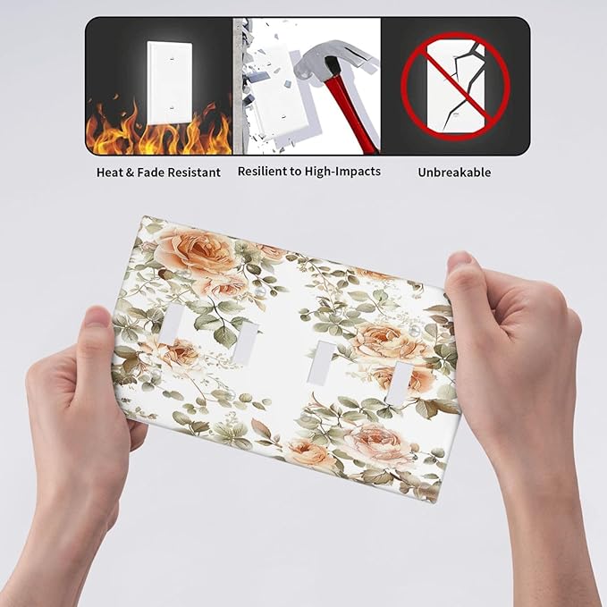 Light Switch Covers Vintage Warm Color Orange Flowers And Leaves Quad Toggle Electrical Faceplate 4 Gang Wall Plate Decorative Switch Plates for Bedroom living Room Decor
