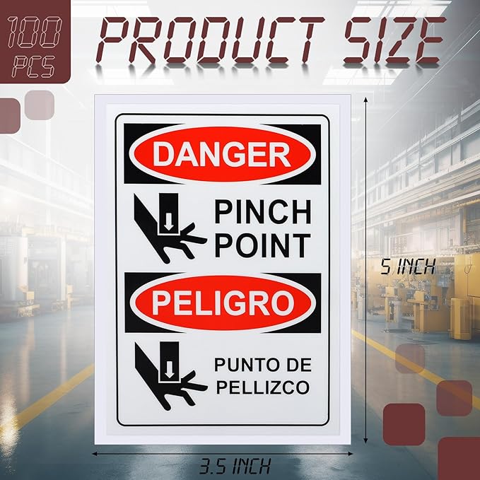 100 PCS Danger Pinch Point English + Spanish OSHA Label Decal - 5 x 3.5 Inch Bilingual Safety Warning Label Decal Vinyl for Machinery Equipment Industrial Warehouse