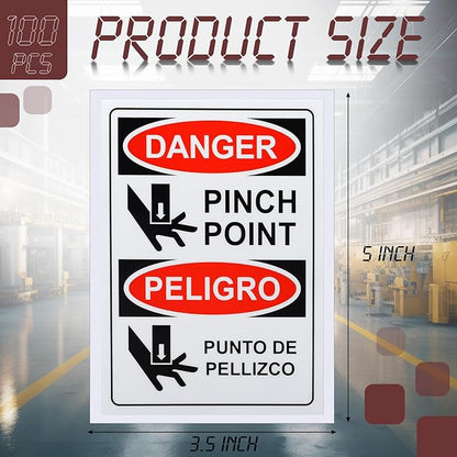 100 PCS Danger Pinch Point English + Spanish OSHA Label Decal - 5 x 3.5 Inch Bilingual Safety Warning Label Decal Vinyl for Machinery Equipment Industrial Warehouse