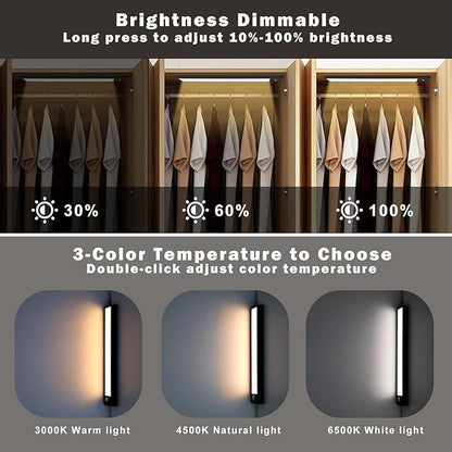 68 LED Motion Sensor Under Cabinet Lights, 3 Color Temps Indoor Dimmable Closet Light, Rechargeable Wireless Magnetic Strip Lights Night Light for Hallway, Stairway, Drawers, Wardrobe(2 Pack, 10 inch)