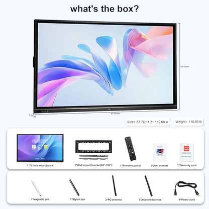 75'' Smart Board, 4K Electronic Digital Whiteboard with Dual System, 16+512 GB Interactive Whiteboard,Touchscreen Smart Board for Classroom, Office and Home (Wall Mount Included)