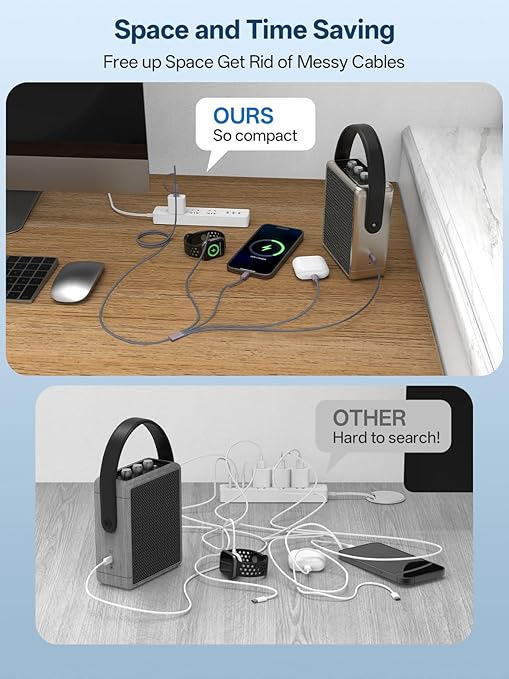 Travel Essentials, 4 in 2 Multi Charging Cable for Apple Watch Charger/iPhone Charger,USB C Cable Cord for iPhone 17-11/iWatch Ultra/10-2/Galaxy S25-S20, Android Phones, Kindle, MP3-Grey,4FT