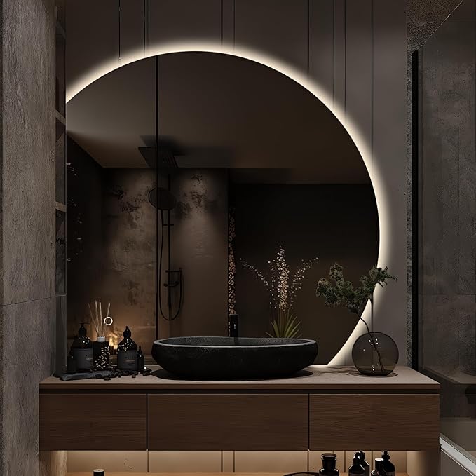 Niccy Half Moon LED Mirror for Bathroom, 28" Semi Backlit Frameless Makeup Mirror with Light, Anti-Fog, Shatter-Proof, 3 Colors, Smart Vanity Mirror