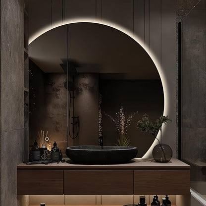 Niccy Half Moon LED Mirror for Bathroom, 28" Semi Backlit Frameless Makeup Mirror with Light, Anti-Fog, Shatter-Proof, 3 Colors, Smart Vanity Mirror