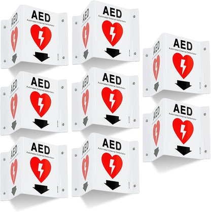 T&R AED Sign, Automated External Defibrillator with Down Arrow - 8 Pack - 8 x 6 Inches Acrylic, 4 pre-drilled holes, Includes Matching Screws, Use for Office/Business