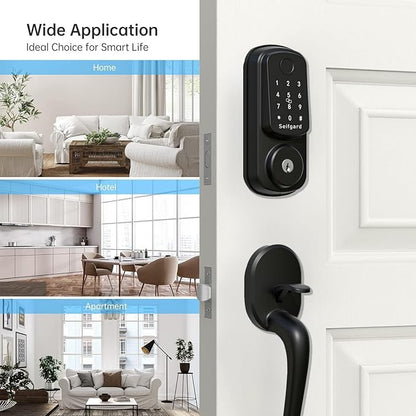 Keyless Entry Door Lock with Handle Set, Smart Door Lock for Front Door with Woodworking Flat Wing Drill, Electronic Keypad Deadbolt Lock, Auto Lock Compatible with Alexa, Black