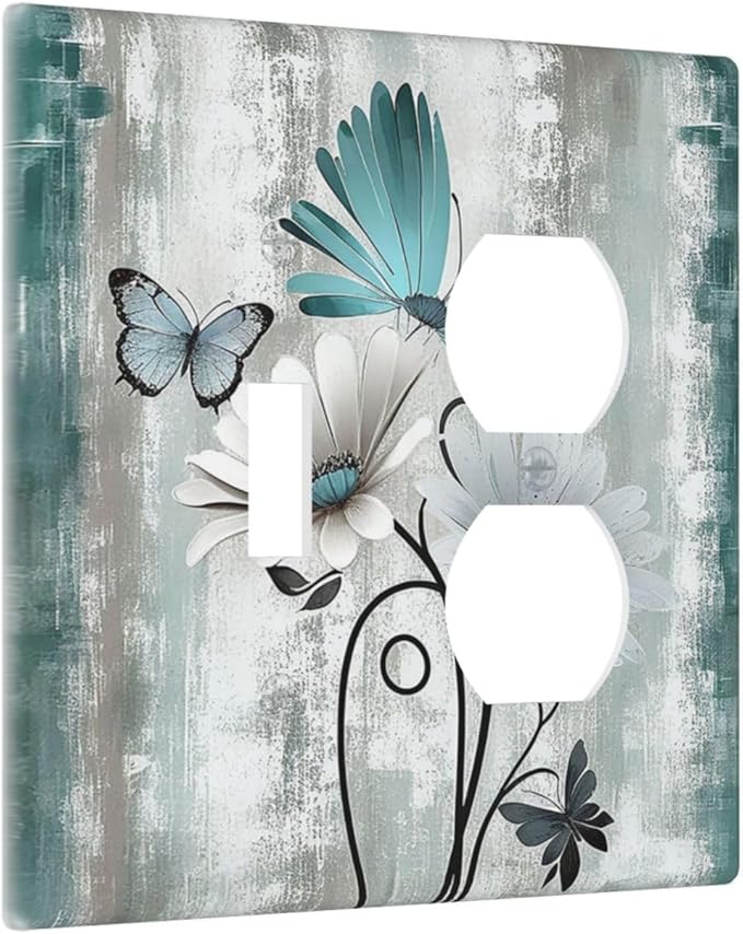 Wallplates Rustic Teal Daisy Floral Flowers Butterfly Wood Grain 1 Toggle 1 Duplex Switch Plate Electrical GFCI Faceplate Decorative Light Switch Covers for Bathroom Bedroom Decor