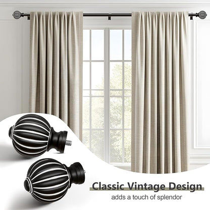 2 Pack Black Curtain Rods for Windows 28 to 48 Inch, 1'' Adjustable Heavy Duty Curtain Rod，Vintage Decorative Drapery Rods with Pumpkin Finials for Bedroom Living Room