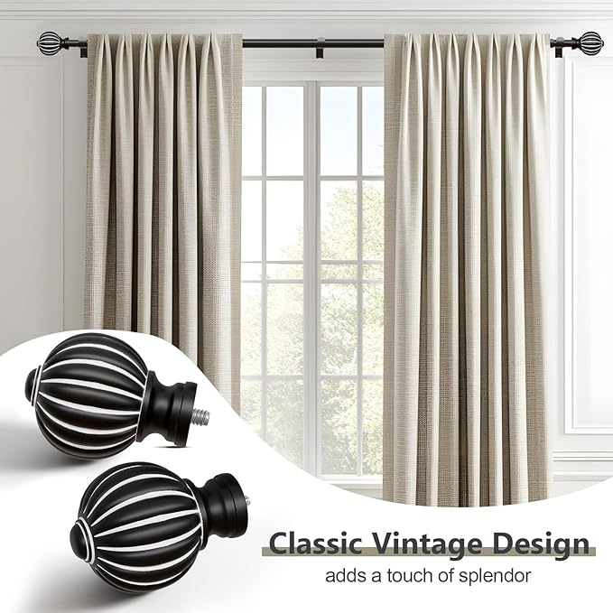 Black Curtain Rods for Windows 48 to 84 Inch, 1'' Adjustable Heavy Duty Curtain Rod，Vintage Decorative Drapery Rods with Pumpkin Finials for Bedroom Living Room