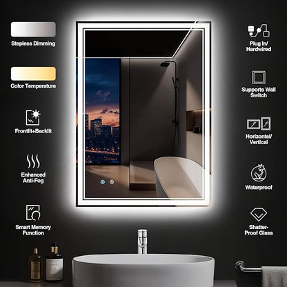 28"x 36" LED Bathroom Mirror with Anti-Fog, Dimmable Backlit + Front Lit, LED Bathroom Vanity Mirror for Wall, Memory Function, Shatter-Proof Glass, ETL Listed(NHYJ7922D)
