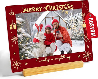Custom Photo Prints - Metal Desktop Picture Frame with Photos & Text & Wooden Base Personalized Christmas Gifts for Family Lovers Pets and Friends, Optional Multiple Sizes