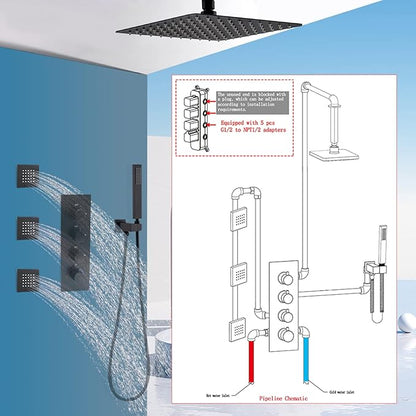 3 Outlets Shower Faucet Valve with Diverter - All Function Can Run Together, 3 Way Concealed Shower Control Valve Kit Mixer Mixing (Matte Black, 4 Handle)