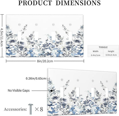Light Switch Covers Light Blue Watercolor Leaves Plant With Floral Quad Toggle Electrical Faceplate 4 Gang Wall Plate Decorative Switch Plates for Bedroom Bathroom Decor
