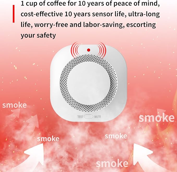 COHANSHANsmoke Detector,Smoke Alarm,fire Alarms Smoke detectors,(Sensor Life of 10 Years) complies with UL Certification,fire Alarm,Smoke detectors,360°Intelligent Detection,Wireless Installation(1)