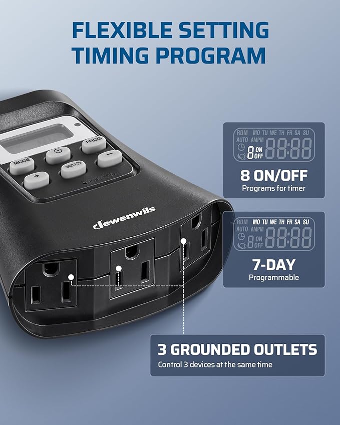 DEWENWILS Outdoor Digital Timer for Lights, 7-Day Programmable Plug in Timer with 3 Grounded Outlets for Christmas Landscape String Light, 15A, 1/3 HP UL Listed