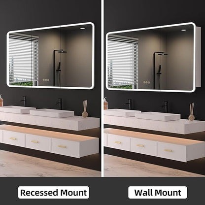 Medicine Cabinet with LED Lights and Mirror, 60 x 32 Inch Surface or Recessed Mounted Bathroom Cabinets with Door, Defogger, Memory Function, 3-Color Mode, Outlet&USB, Dimmer, Storage