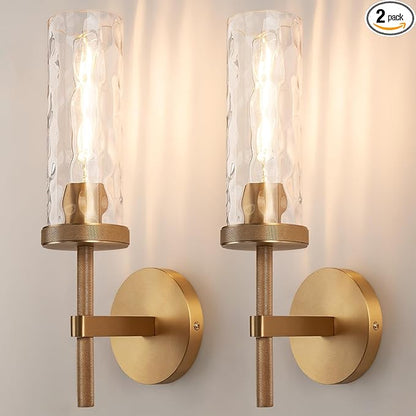 15" Knurled Brass Wall Sconces Set of 2, Gold Bathroom Vanity Light Fixtures with Water Ripples Glass Tube, Modern Lamp Lighting for Bedroom, Living Room, Hallway, Staircase, Mirror, Kitchen