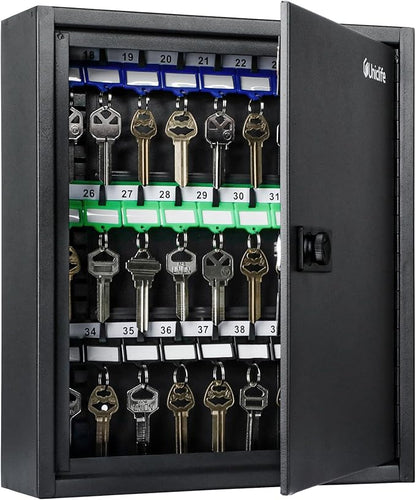 Uniclife 40 Position Key Cabinet with Combination Lock Resettable Black Digital Security Storage Box Steel Key Organizer with Adjustable Racks Colorful Key Tag Labels and Hooks