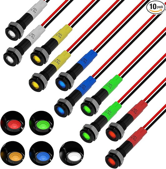 10Pcs Metal Indicator Light 6mm 1/4'' 12-24V AC LED Waterproof Signal Light with Wire Instrument Panel Direction Pilot Light Car Truck Boat (Multi-Color 12-24V)