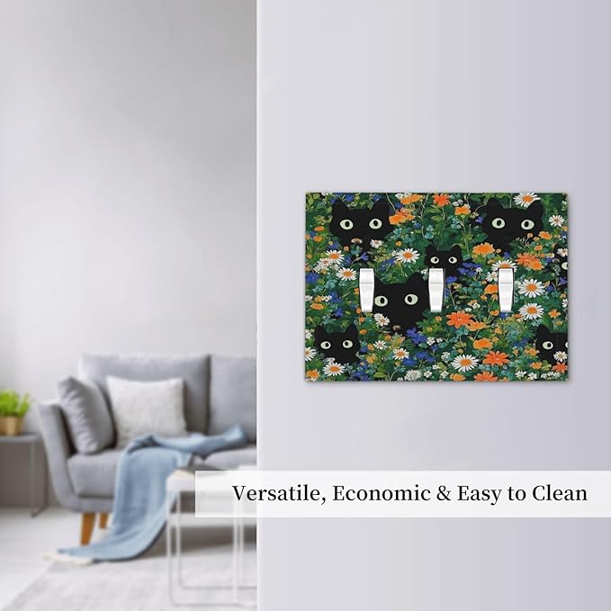 Boho Funny Black Cute Cats Daisy Wildflower Decorative Switch Plates 3 Gang Wall Plate Triple Toggle Light Switch Cover Faceplate Electrical Wall Panels For Kids Room Bed Room Decor