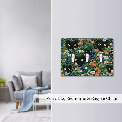 Boho Funny Black Cute Cats Daisy Wildflower Decorative Switch Plates 3 Gang Wall Plate Triple Toggle Light Switch Cover Faceplate Electrical Wall Panels For Kids Room Bed Room Decor