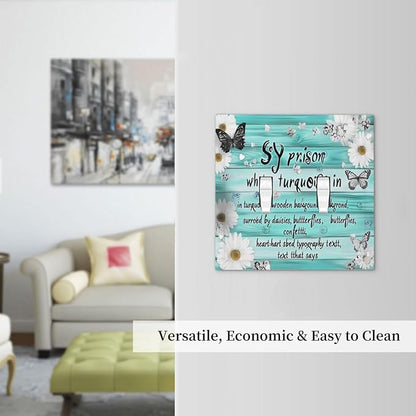 Teal Butterfly Daisy Rustic Wooden Signs Decorative Switch Plates 2 Gang Double Toggle Outlet Light Switch Cover Wall Plate Electrical Faceplate For Farmhouse Cabin Decor