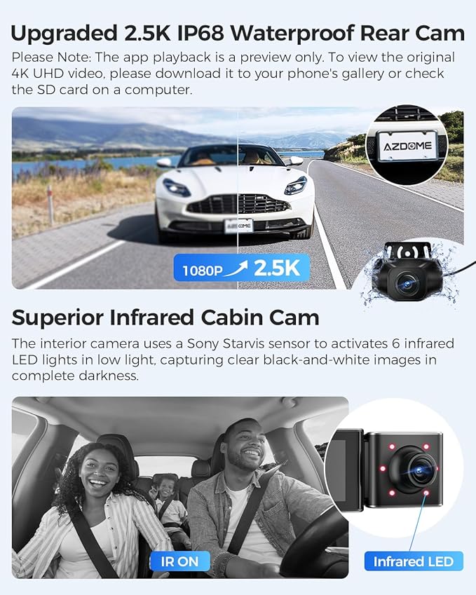 AZDOME M550 3 Channel Dash Cam, 4K+2.5K Dual Dash Camera for Cars Built-in WiFi GPS, 1440P+1080P+1440P Front and Rear Inside, 64GB Card Included, 3.19" IPS Screen, WDR, IR Night Vision, Parking Mode