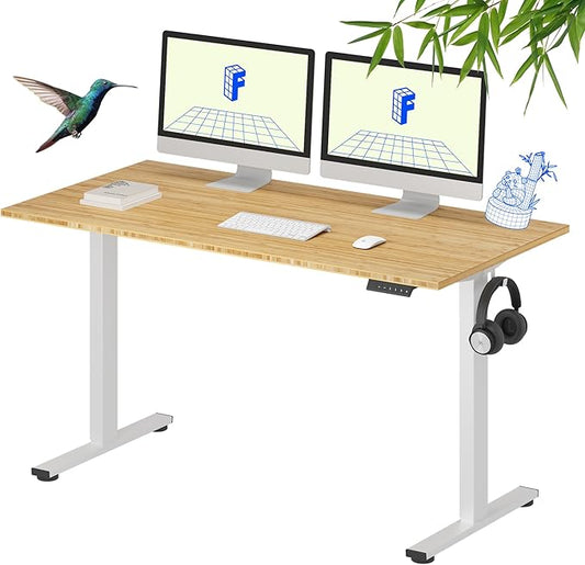 FLEXISPOT EN1 Bamboo Standing Desk, 55 x 28 Inches Whole-Piece Electric Adjustable Height Sit Stand Desk for Home Office (White Frame + Bamboo Top, 2 Packages)