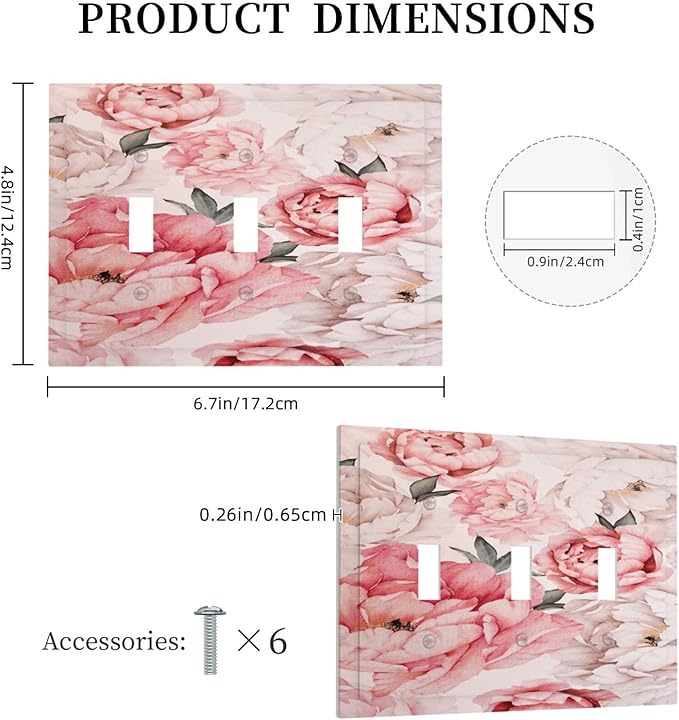 Decorative Light Switch Plate Covers Ink Pink Peony Flower Rustic Floral 3 Gang Light Switch Cover Triple Toggle Wall Plate Outlet Covers for Home Bedroom Decor