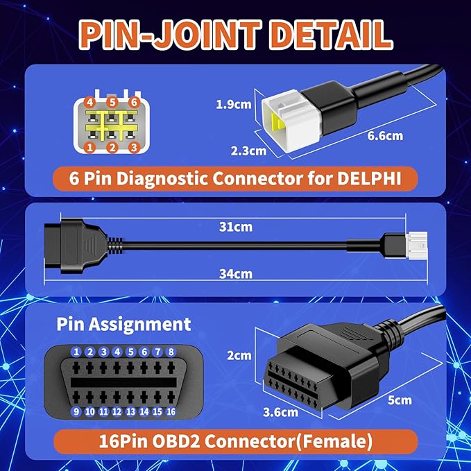 OBD2 Adapter Cable Fits for Delphi Motorcycles, 6Pin to 16Pin OBD2 Diagnostic Adapter Cable Works with All OBDII Scanner