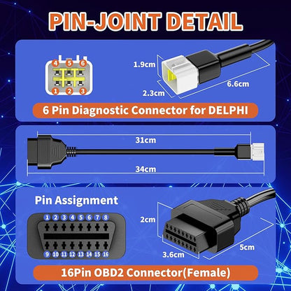 OBD2 Adapter Cable Fits for Delphi Motorcycles, 6Pin to 16Pin OBD2 Diagnostic Adapter Cable Works with All OBDII Scanner