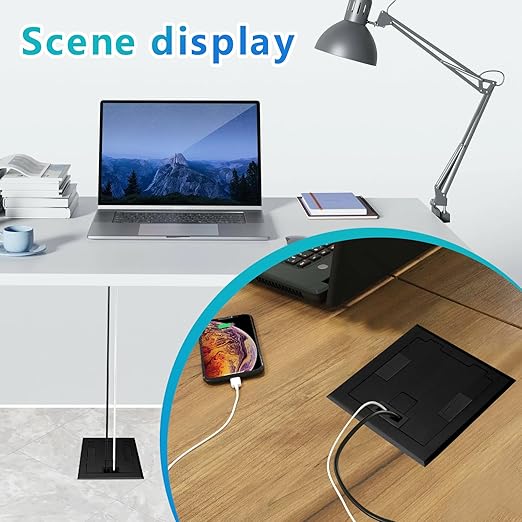 KYHSHJ Recessed Flat Hidden Socket Kit with 2 * 20 Amp Stainless Steel GFCI Tamper Receptacle Outlet+3-Port RJ45 Datacom Receptacle. Internal Height Adjustable，Corrosive Resistant Hardware，Black