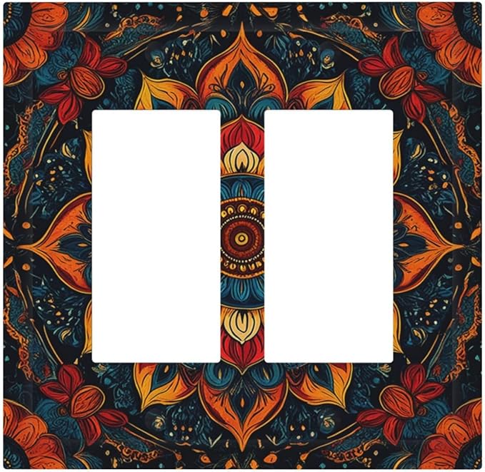 Boho Colorful Mandala Outlet Covers Light Switch Cover Plate 2 Gang Double Rocker Wall Plates Decorative Switch Plates Plug Cover Electrical GFCI Receptacle Cover for Home 4.9 X 5 IN