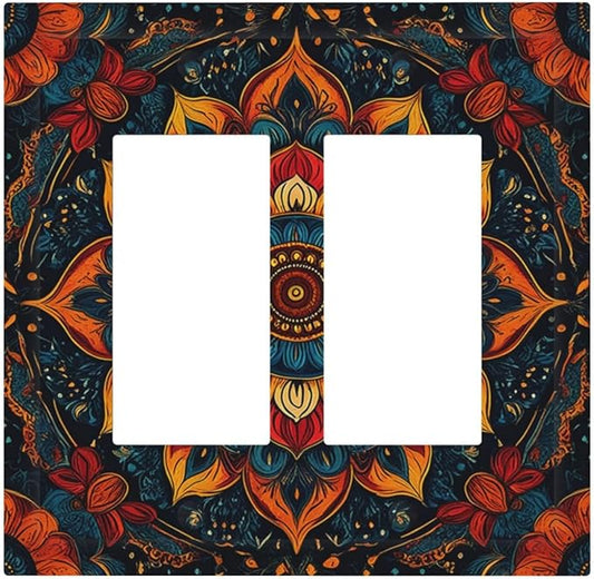 Boho Colorful Mandala Outlet Covers Light Switch Cover Plate 2 Gang Double Rocker Wall Plates Decorative Switch Plates Plug Cover Electrical GFCI Receptacle Cover for Home 4.9 X 5 IN