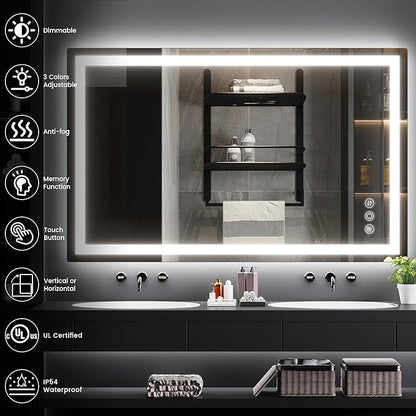 30"x 48" LED Mirror for Bathroom with Frontlit and Backlit, Anti-Fog, 3 Colors Temperature & Dimmable, Wall Mounted Bathroom Mirror