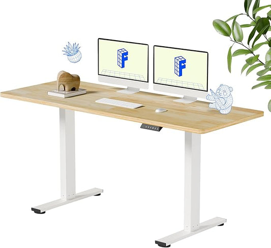 FLEXISPOT EN1 One-Piece Solid Wooden Standing Desk 63 x 24 Inches Height Adjustable Electric Sit Stand Home Office Desks (White Frame + Rubber Wood Top, 2 Packages)