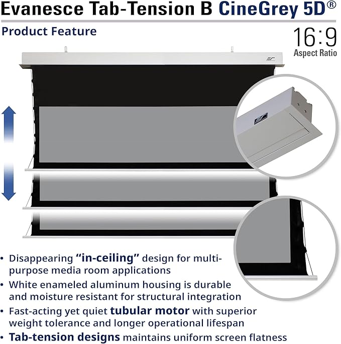 Elite Screens Evanesce Tab-Tension B 103" Diag. 16:9, Electric Recessed in-Ceiling Tensioned Ceiling/Ambient Light Rejecting (CLR/ALR) Projector Screen, ETB103HD5-E24, White