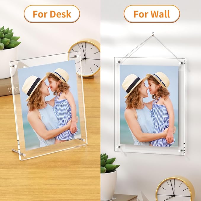 AITEE 8.5x11 Acrylic Picture Frames 2 Pack, Clear Desk Picture Frames with Stand, Modern Frameless Floating Frames Lucite Transparent Square Cubes Frame for Wall & Desktop Display Gift for Home Office
