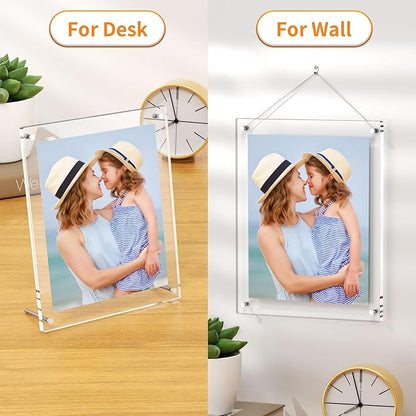 AITEE 8.5x11 Acrylic Picture Frames 2 Pack, Clear Desk Picture Frames with Stand, Modern Frameless Floating Frames Lucite Transparent Square Cubes Frame for Wall & Desktop Display Gift for Home Office