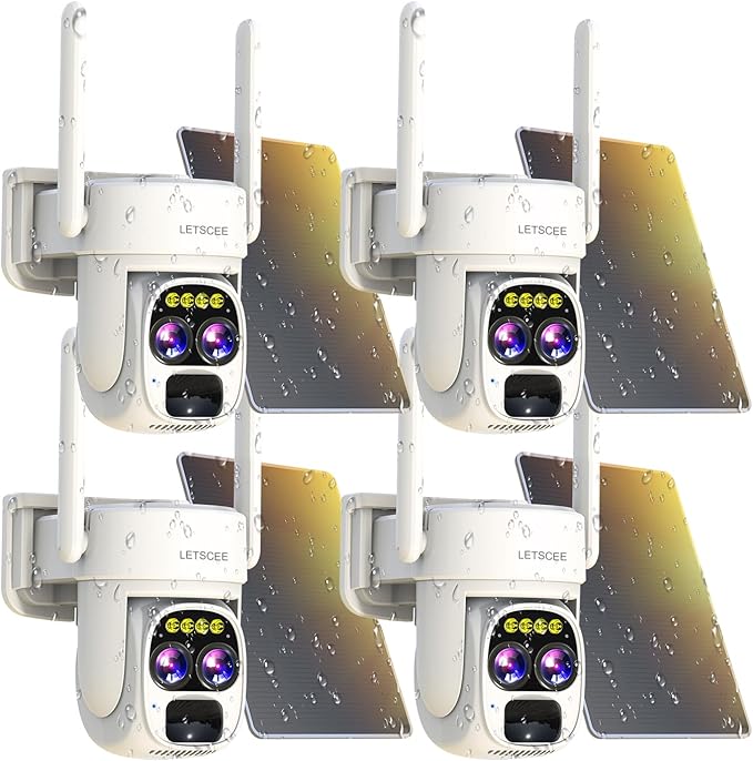 Security Cameras Wirelss Outdoor Solar Powered for Home Security, 360 View Outside Camera,Motion Detection,10x Hybrid Zoom PAN Tile,IP-65 Weather Proof (4 Pack)