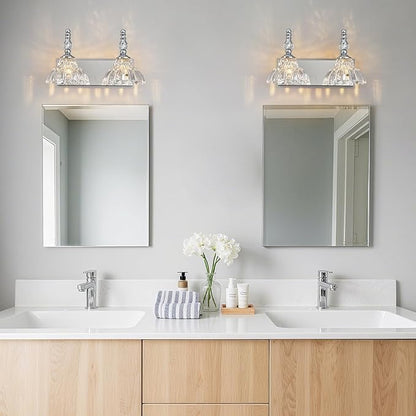 Vintage Bathroom Vanity Light, 2-Light Chrome Vanity Lighting Fixture with Flower Glass Shade, Bathroom Lighting Fixtures Over Mirror