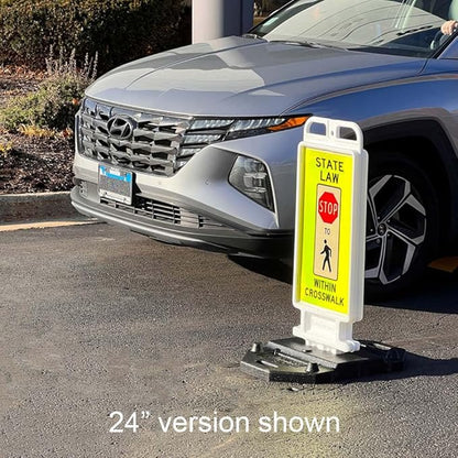 Plasticade Crosscade Crosswalk Sign, 36" Vertical Panel with 12x36 State Law Stop For Pedestrians Sign, Impact-Resistant Rubber Base, Diamond Grade Reflective Background and HIP Sheeting