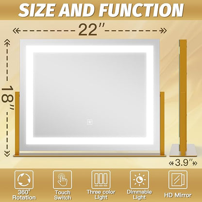 FENNIO Vanity Mirror with Lights 22''x18'' Makeup Mirror with Lights,Lighted Makeup Mirror with 10X Magnification ，Smart Touch Screen with 3-Color Lighting,Dimmable（Square Gold）