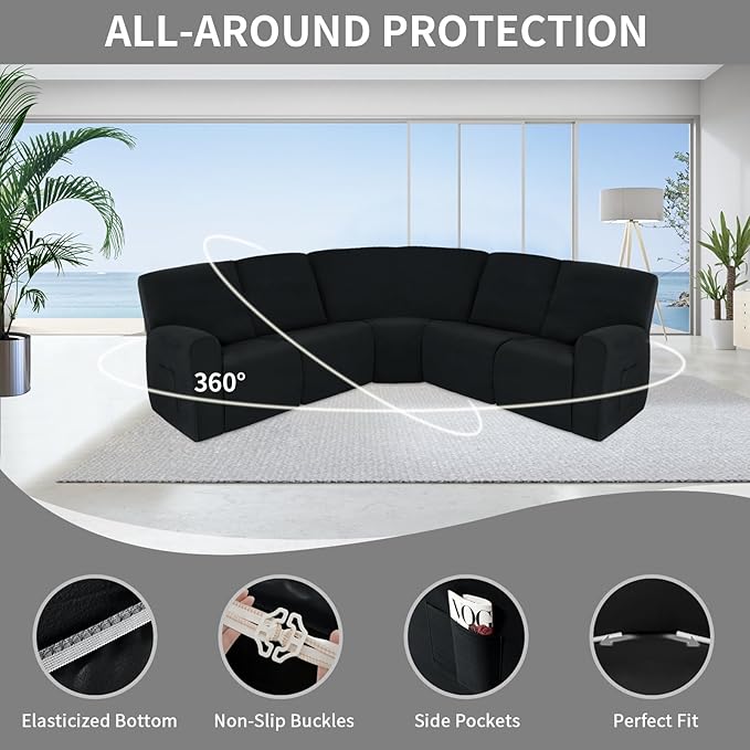 Easy-Going 100% Waterproof Recliner Cover, Stretch Couch Covers for Reclining Couches, Extra Large Sectional Sofa Slipcover, L-Shape Furniture Protector for Kids & Pets, 5 Seater, Black