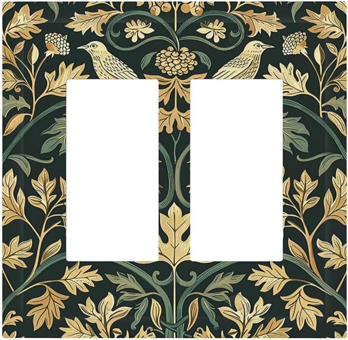 Decorative Outlet Covers William Morris Vintage Botanical Birds Golden Green Leaves 2 Gang Double GFCI Rocker Electrical Wall Panels Light Switch Cover Plate for Bedroom Home Decor